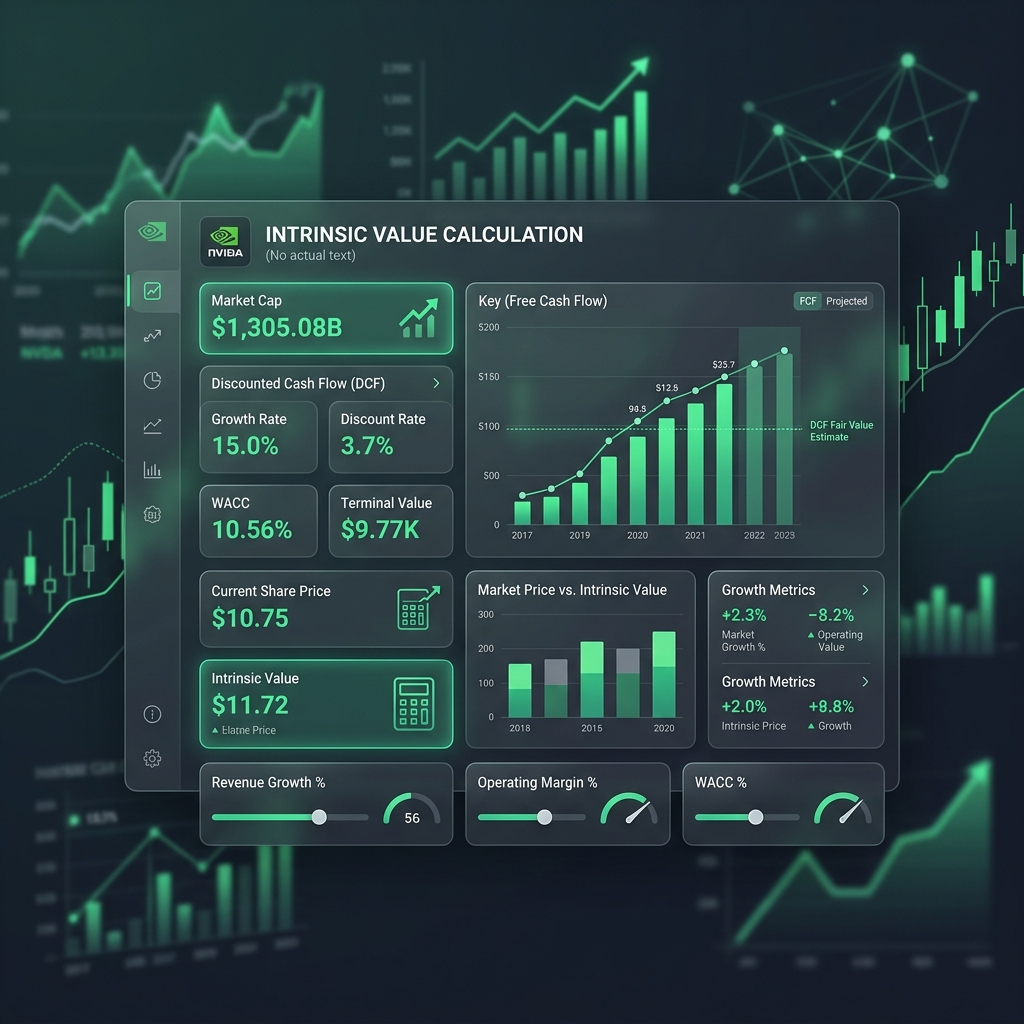 Minimalist financial dashboard displaying an intrinsic value calculation for a technology stock like Nvidia on a dark slate background