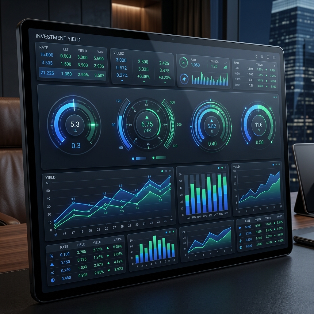 Minimalist financial terminal screen showing investment yield metrics with comparative gauges in sapphire and emerald colors