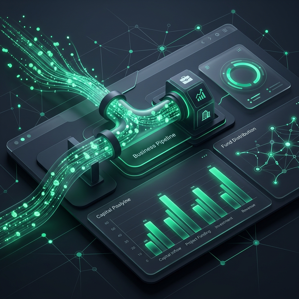 Abstract visualization of capital pipeline flow and money entering a business, depicting free cash flow management in dark emerald aesthetics