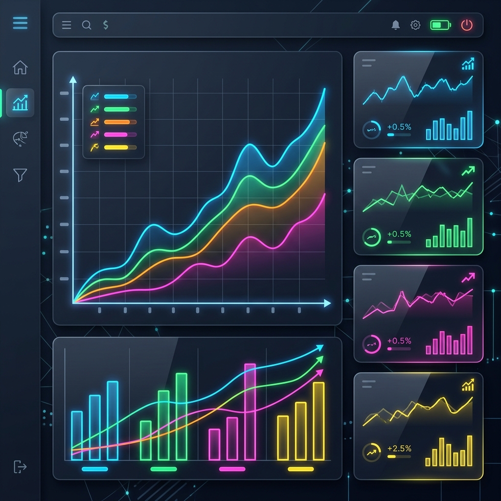 High-fidelity financial dashboard comparing multiple growth stocks with abstract financial charts and neon growth trend lines